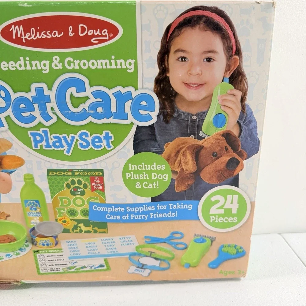 Melissa & Doug Feeding Grooming Pet Care Play Set Plush Cat‎ Dog 24p Toddler Toy